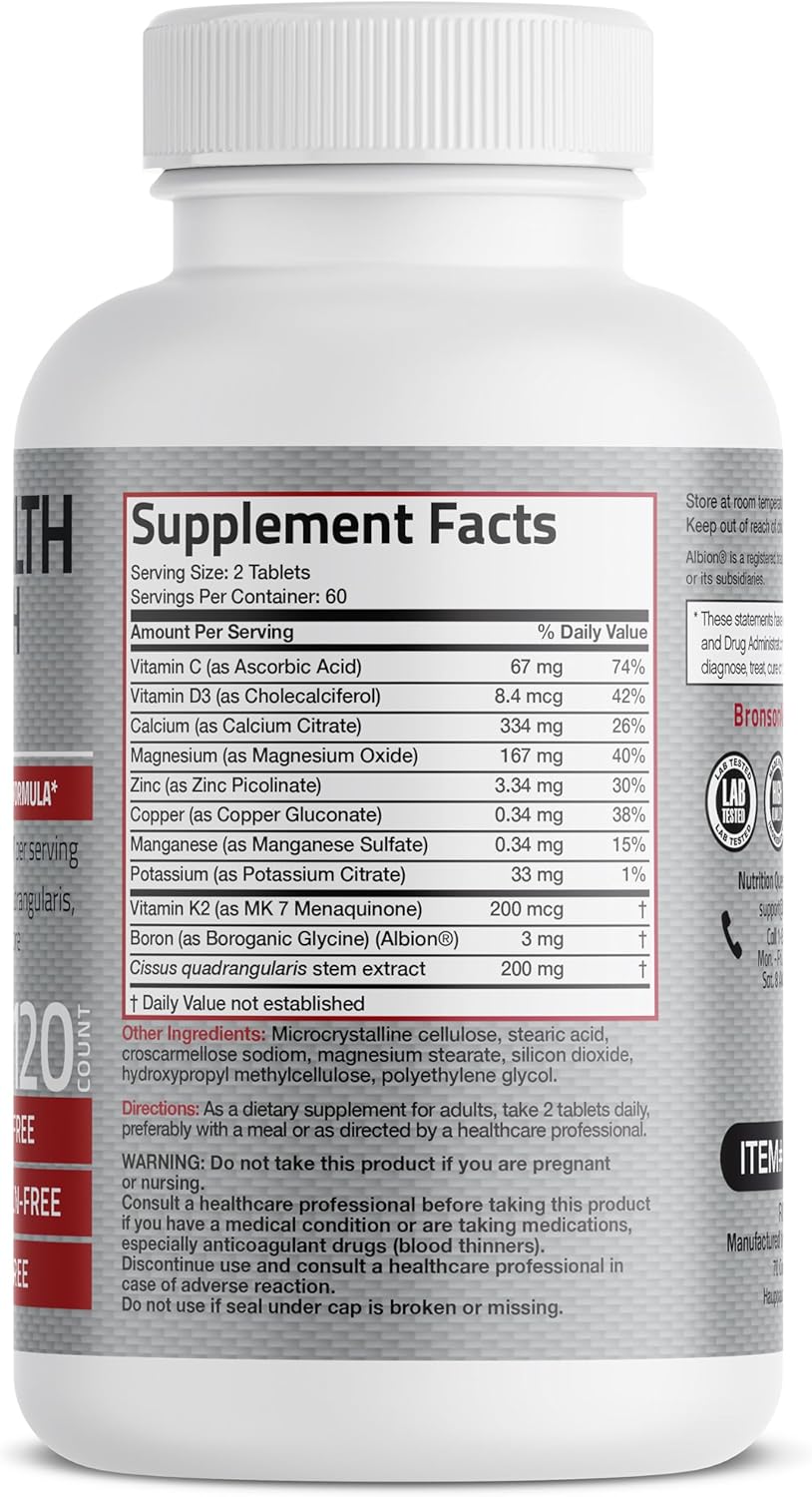 High Potency Bone Health & Strength Complex with Vitamin K2, Calcium, Boron, Cissus Quadrangularis, Magnesium, Vitamin D3 - Non-GMO, 120 Tablets