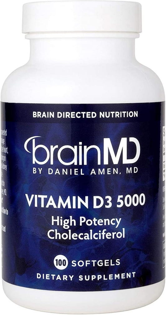 High Potency BrainMD by Dr Amen Vitamin D3 5000 Softgels, Gluten Free, 100 Servings