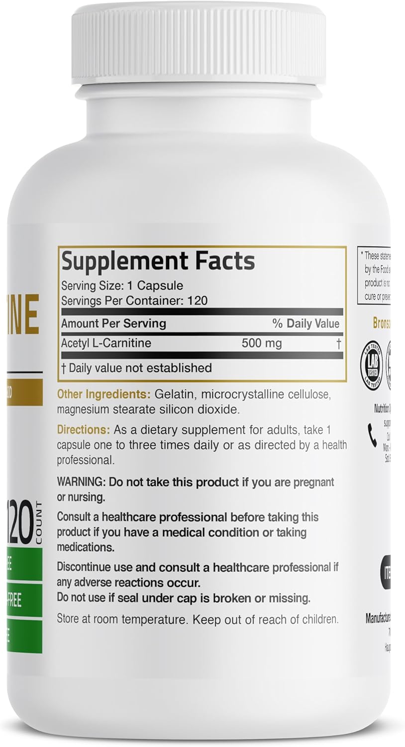High Potency Bronson Acetyl L-Carnitine 500 MG Amino Acid Supplement - Non-GMO, 120 Capsules