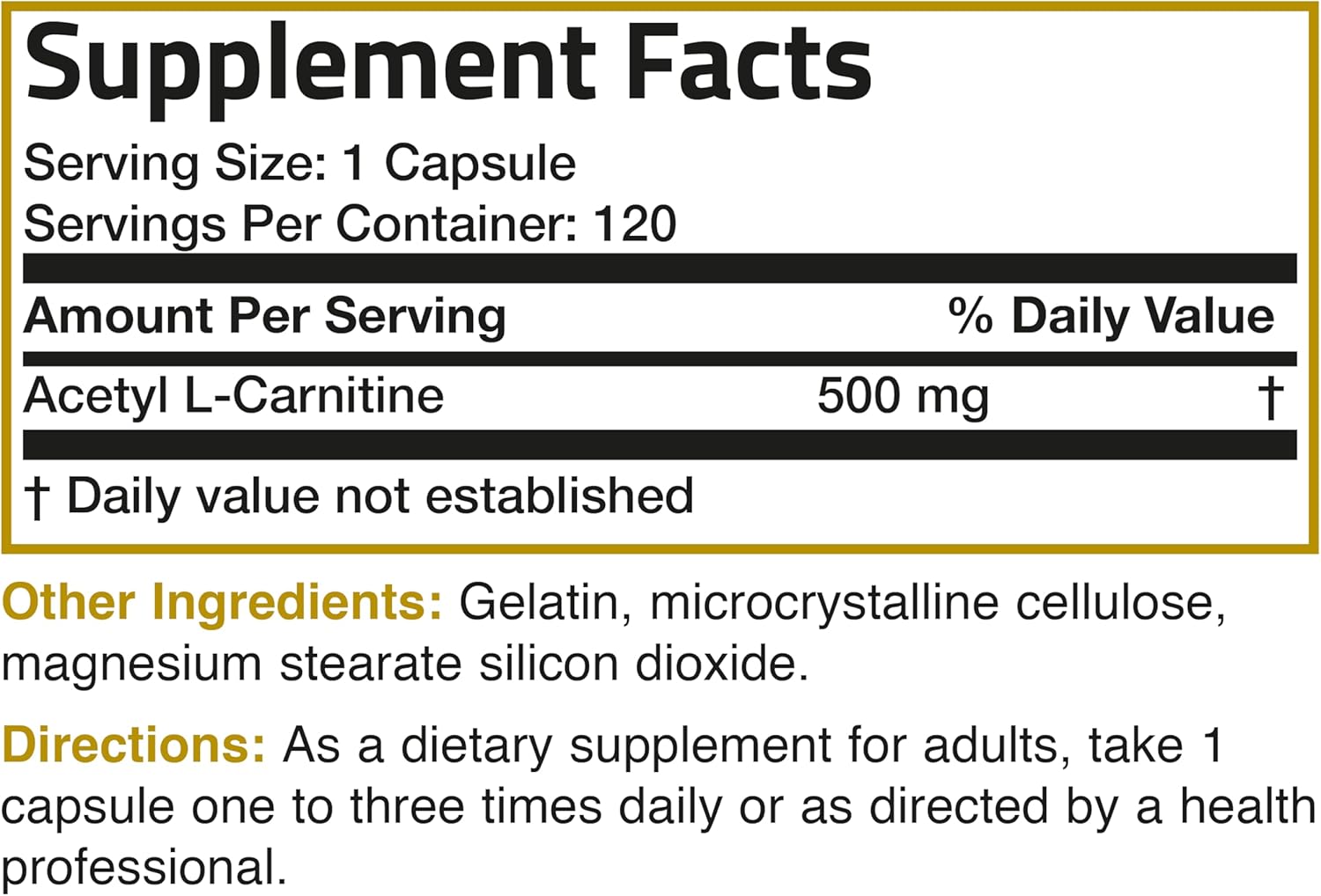 High Potency Bronson Acetyl L-Carnitine 500 MG Amino Acid Supplement - Non-GMO, 120 Capsules