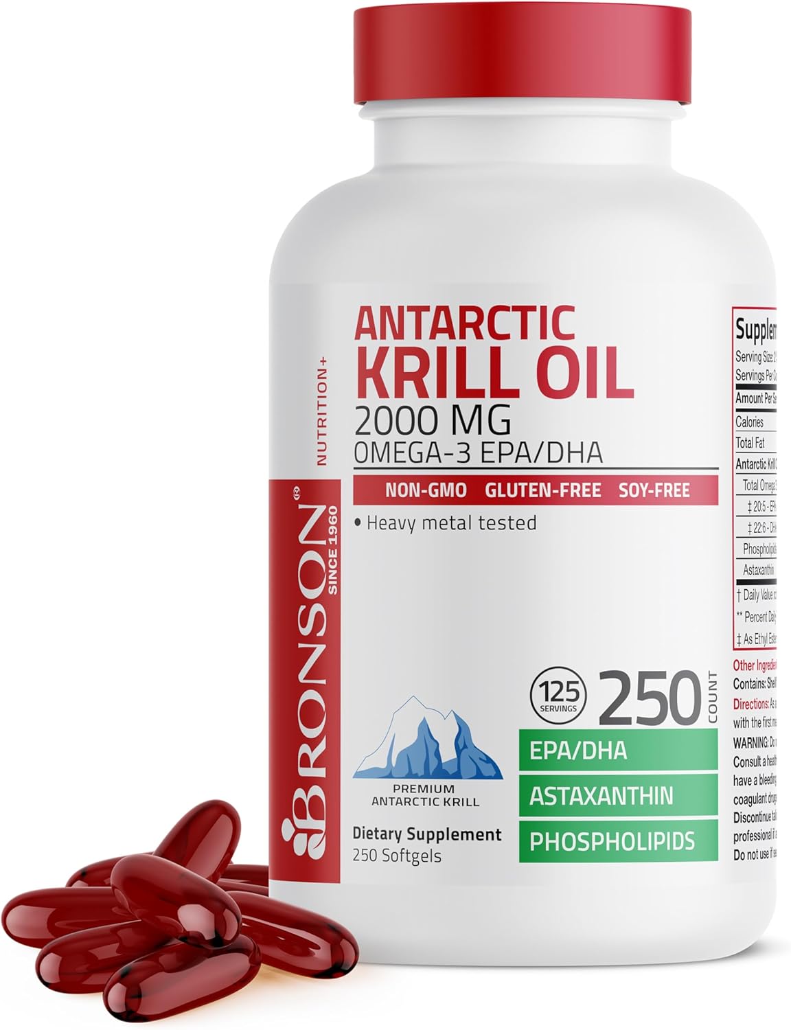 High Potency Bronson Antarctic Krill Oil Softgels - 2000mg Omega-3 EPA, DHA, Astaxanthin, Phospholipids - 250 Softgels (125 Servings)