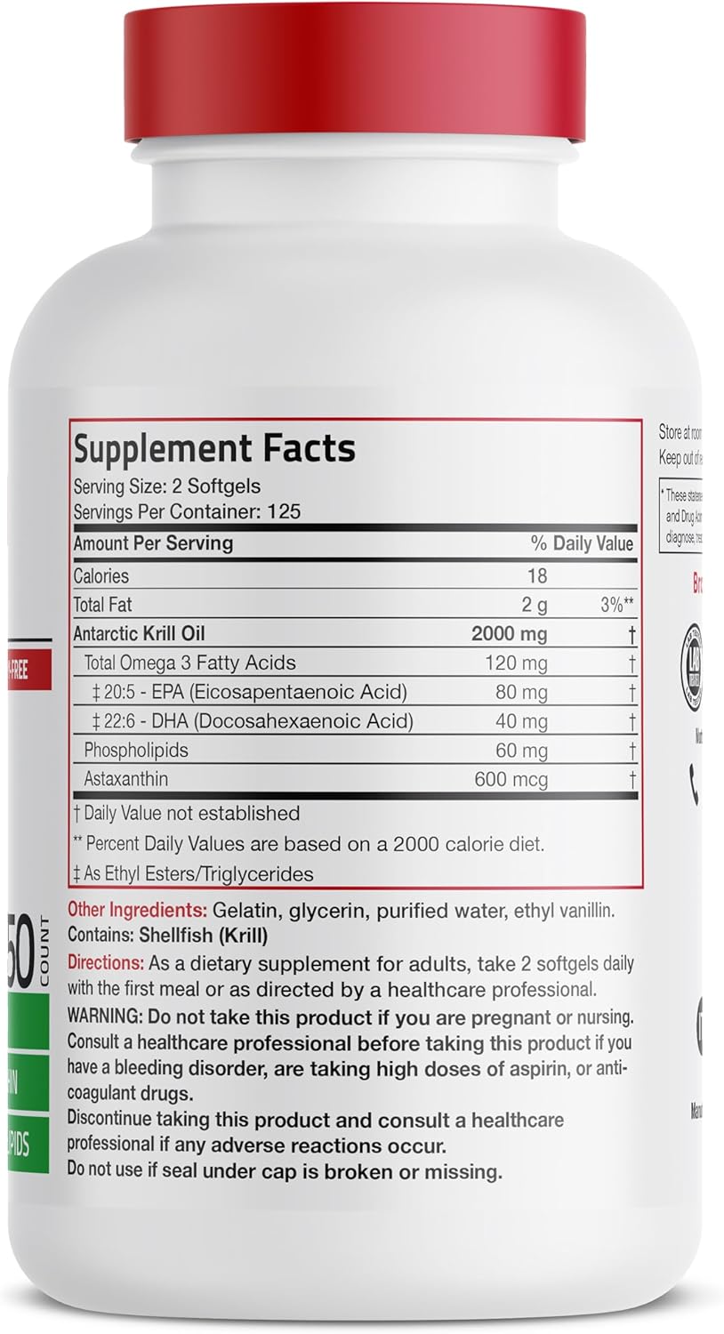 High Potency Bronson Antarctic Krill Oil Softgels - 2000mg Omega-3 EPA, DHA, Astaxanthin, Phospholipids - 250 Softgels (125 Servings)