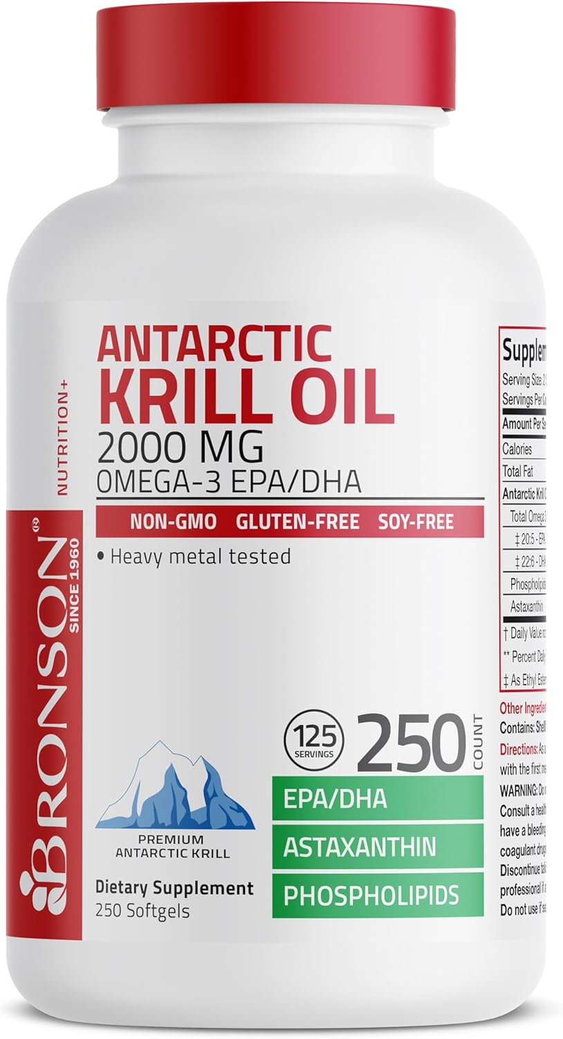 High Potency Bronson Antarctic Krill Oil Softgels - 2000mg Omega-3 EPA, DHA, Astaxanthin, Phospholipids - 250 Softgels (125 Servings)