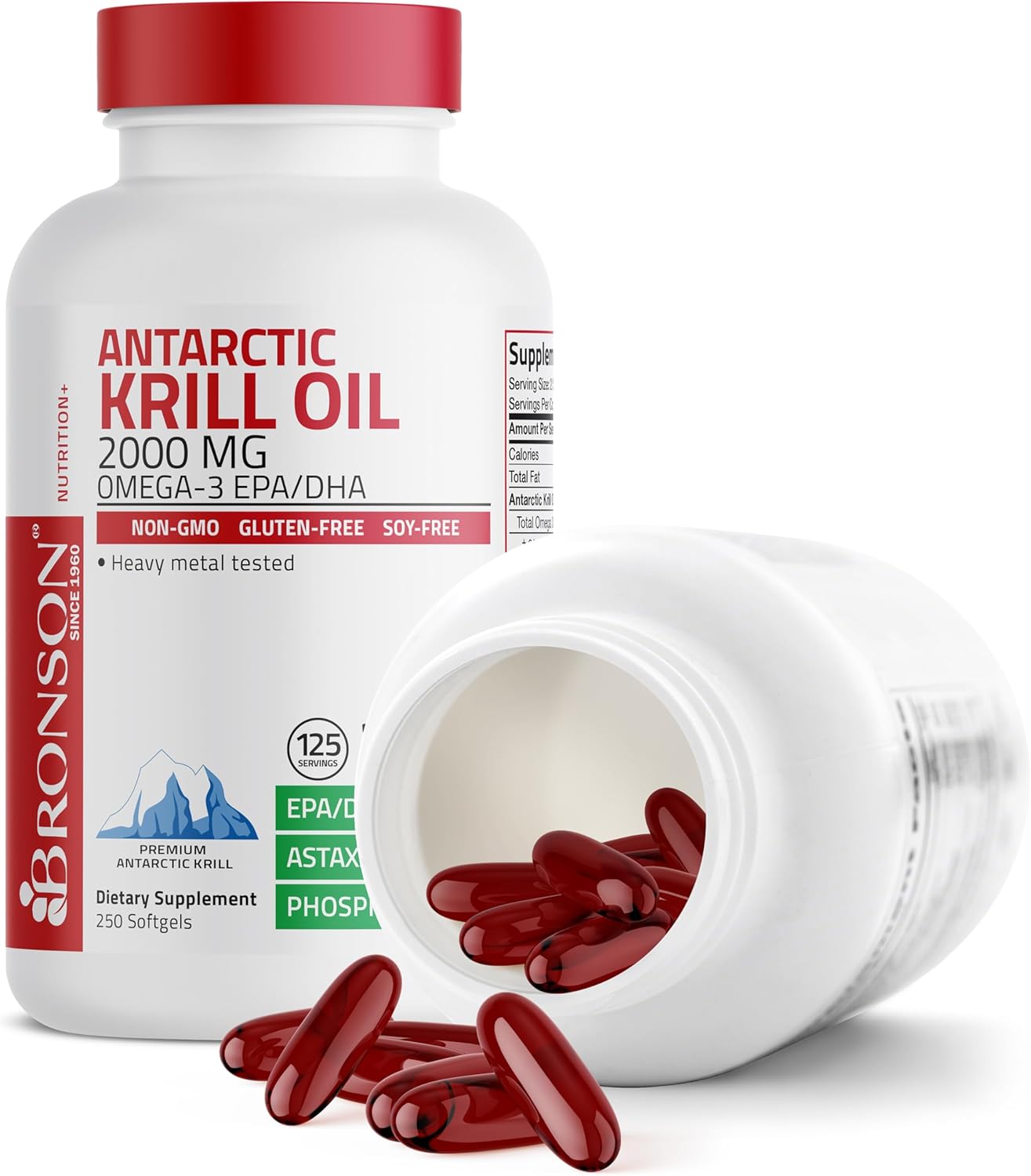 High Potency Bronson Antarctic Krill Oil Softgels - 2000mg Omega-3 EPA, DHA, Astaxanthin, Phospholipids - 250 Softgels (125 Servings)