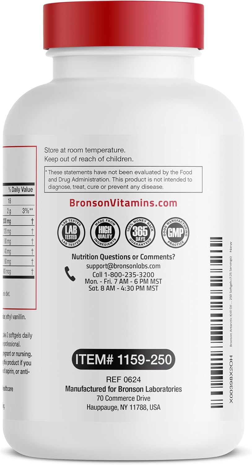 High Potency Bronson Antarctic Krill Oil Softgels - 2000mg Omega-3 EPA, DHA, Astaxanthin, Phospholipids - 250 Softgels (125 Servings)