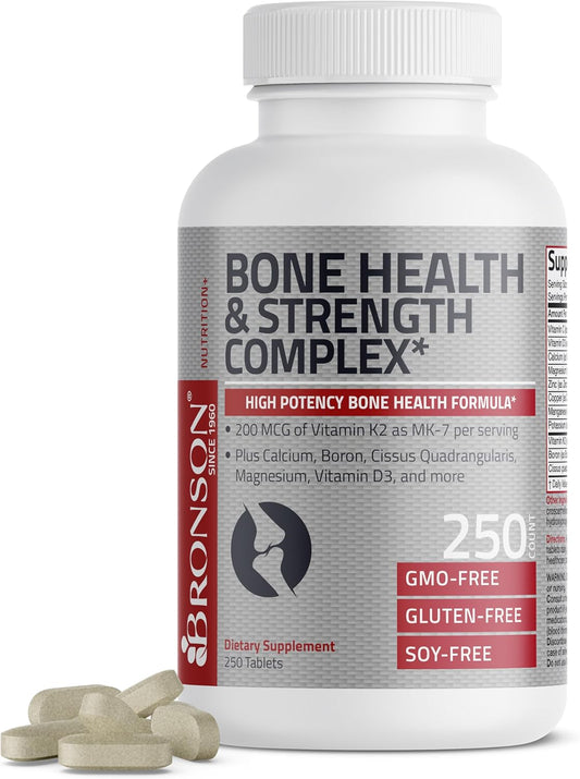 High Potency Bronson Bone Health & Strength Complex - 200 MCG Vitamin K2 as MK7, Calcium, Boron, Cissus Quadrangularis, Magnesium, Vitamin D3 - Non-GMO - 250 Tablets