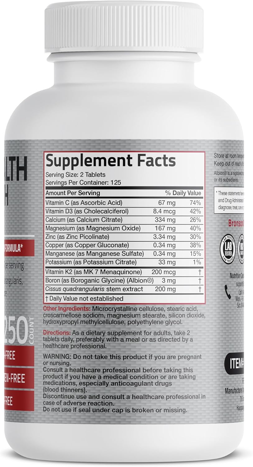 High Potency Bronson Bone Health & Strength Complex - 200 MCG Vitamin K2 as MK7, Calcium, Boron, Cissus Quadrangularis, Magnesium, Vitamin D3 - Non-GMO - 250 Tablets