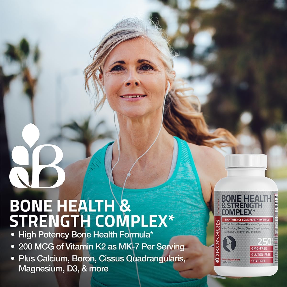 High Potency Bronson Bone Health & Strength Complex - 200 MCG Vitamin K2 as MK7, Calcium, Boron, Cissus Quadrangularis, Magnesium, Vitamin D3 - Non-GMO - 250 Tablets