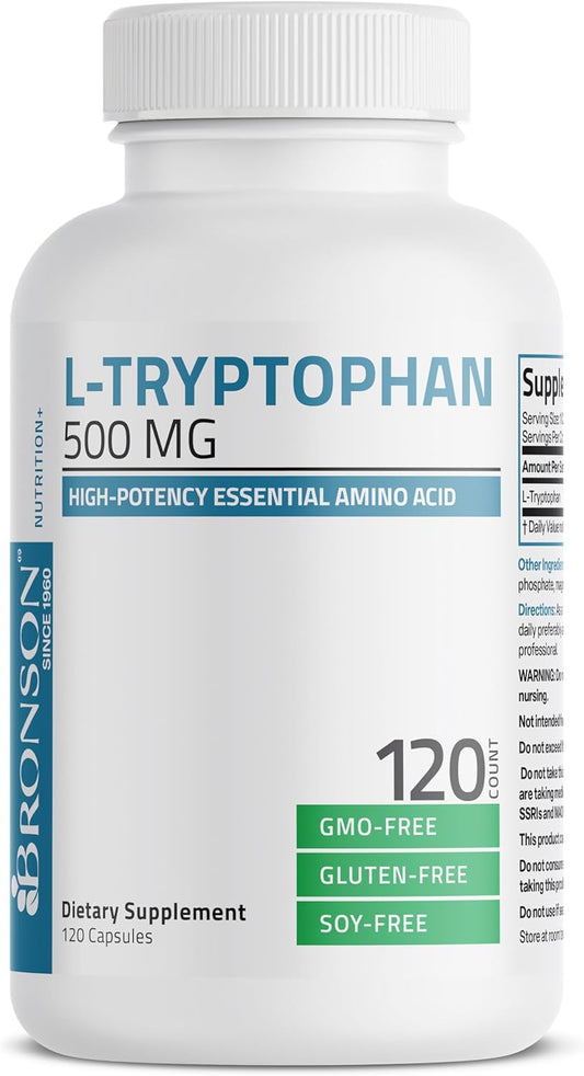 High Potency Bronson L-Tryptophan 500 MG Capsules for Relaxation & Positive Mood Support - Non-GMO, 120 Count