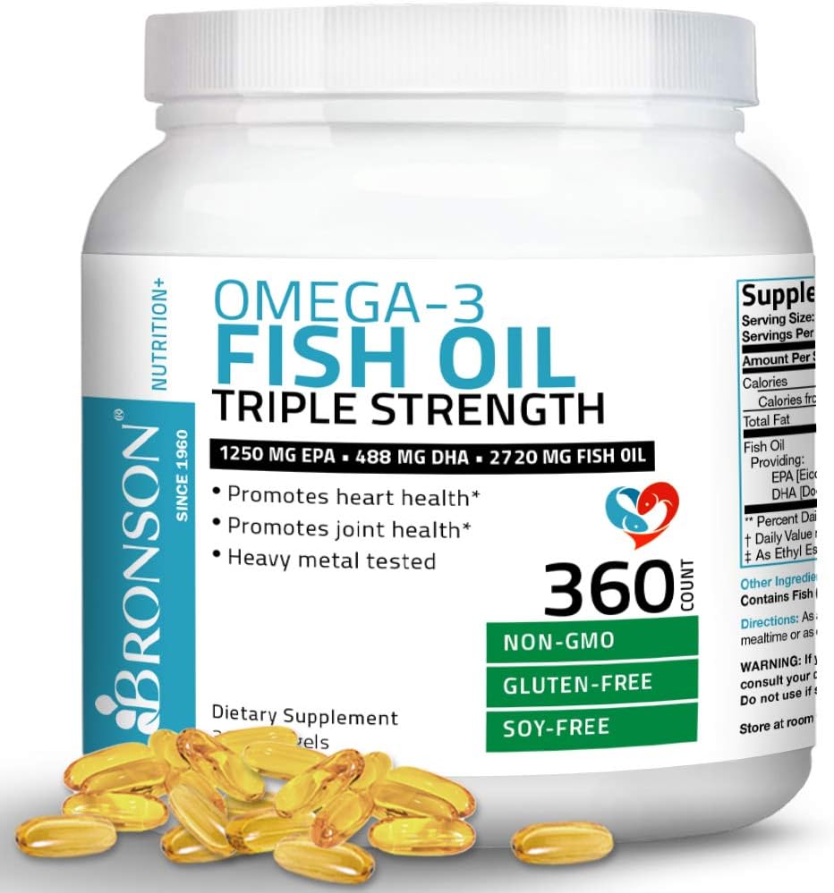 High Potency Bronson Omega 3 Fish Oil Supplement - Triple Strength, Non-GMO, Heavy Metal Tested, 360 Softgels