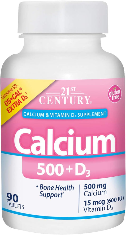 High Potency Calcium and Vitamin D Supplement Caplets - 500 mg, 90 Count, Single Pack