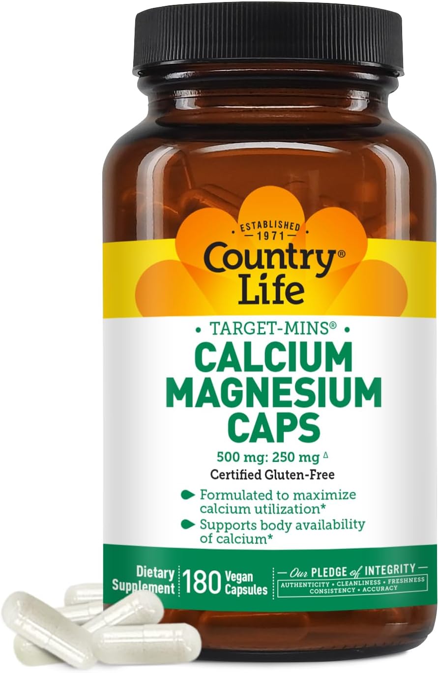 High Potency Calcium Magnesium Complex - 1000mg Calcium, 500mg Magnesium, Gluten-Free Bone Health Supplement by Country Life Target-Mins
