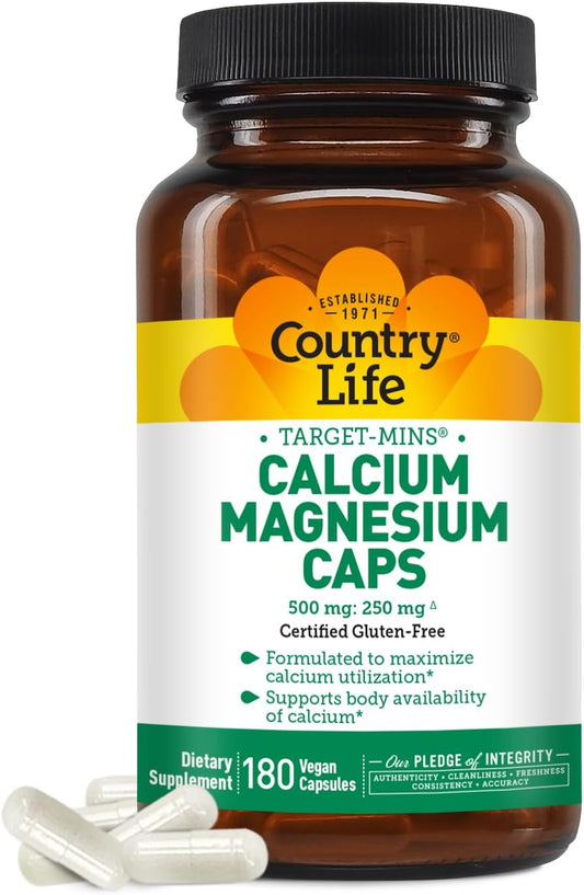 High Potency Calcium Magnesium Complex - 1000mg Calcium, 500mg Magnesium, Gluten-Free Bone Health Supplement by Country Life Target-Mins
