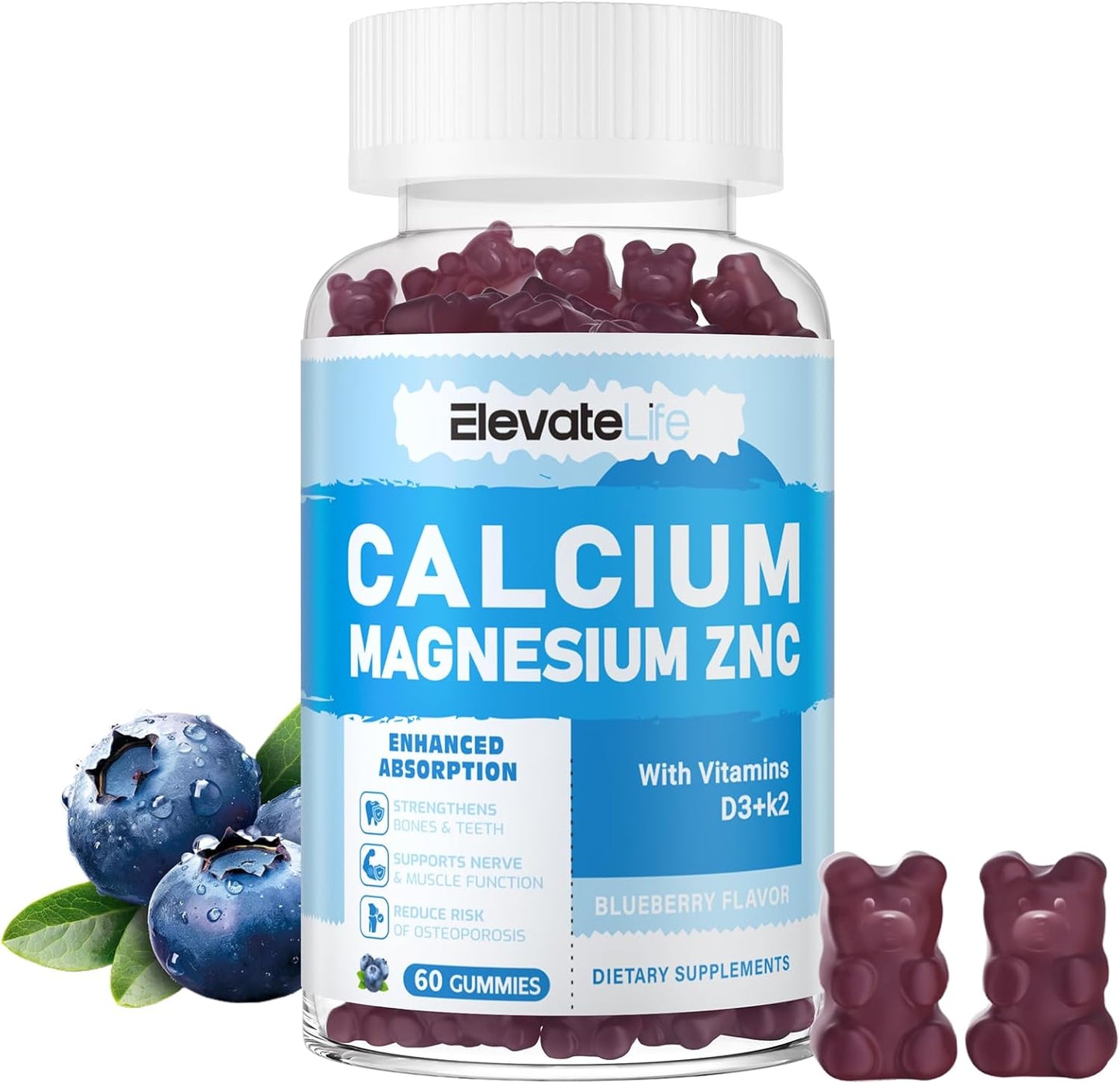 High Potency Calcium Magnesium Zinc Gummies with Vitamin D3 & K2 for Enhanced Absorption - Blueberry Flavored - 60 Gummies