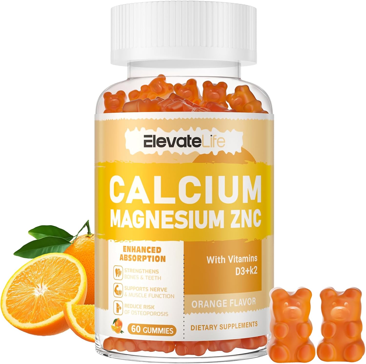 High Potency Calcium Magnesium Zinc Gummies with Vitamin D3 & K2 for Enhanced Absorption - 60 Orange Flavored Gummies for Elevating Life