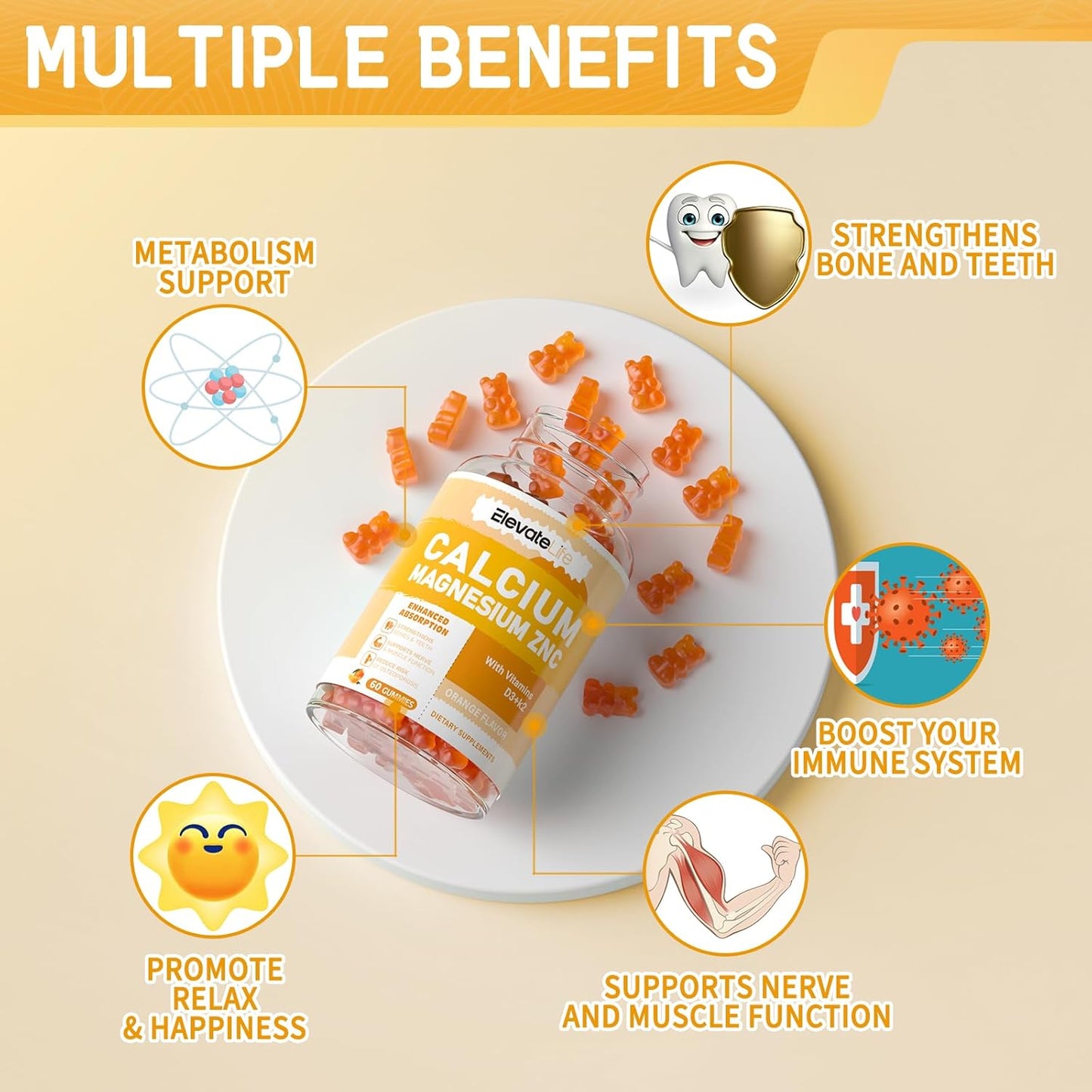 High Potency Calcium Magnesium Zinc Gummies with Vitamin D3 & K2 for Enhanced Absorption - 60 Orange Flavored Gummies for Elevating Life