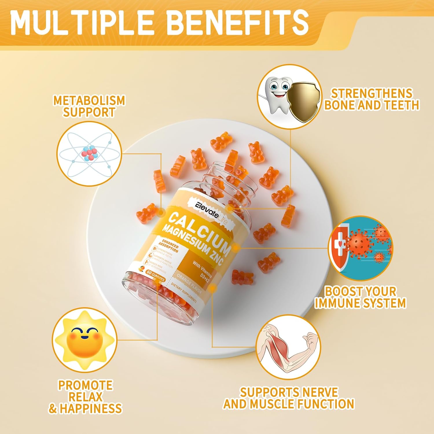 High Potency Calcium Magnesium Zinc Gummies with Vitamin D3 & K2 for Enhanced Absorption - 60 Orange Flavored Gummies for Elevating Life
