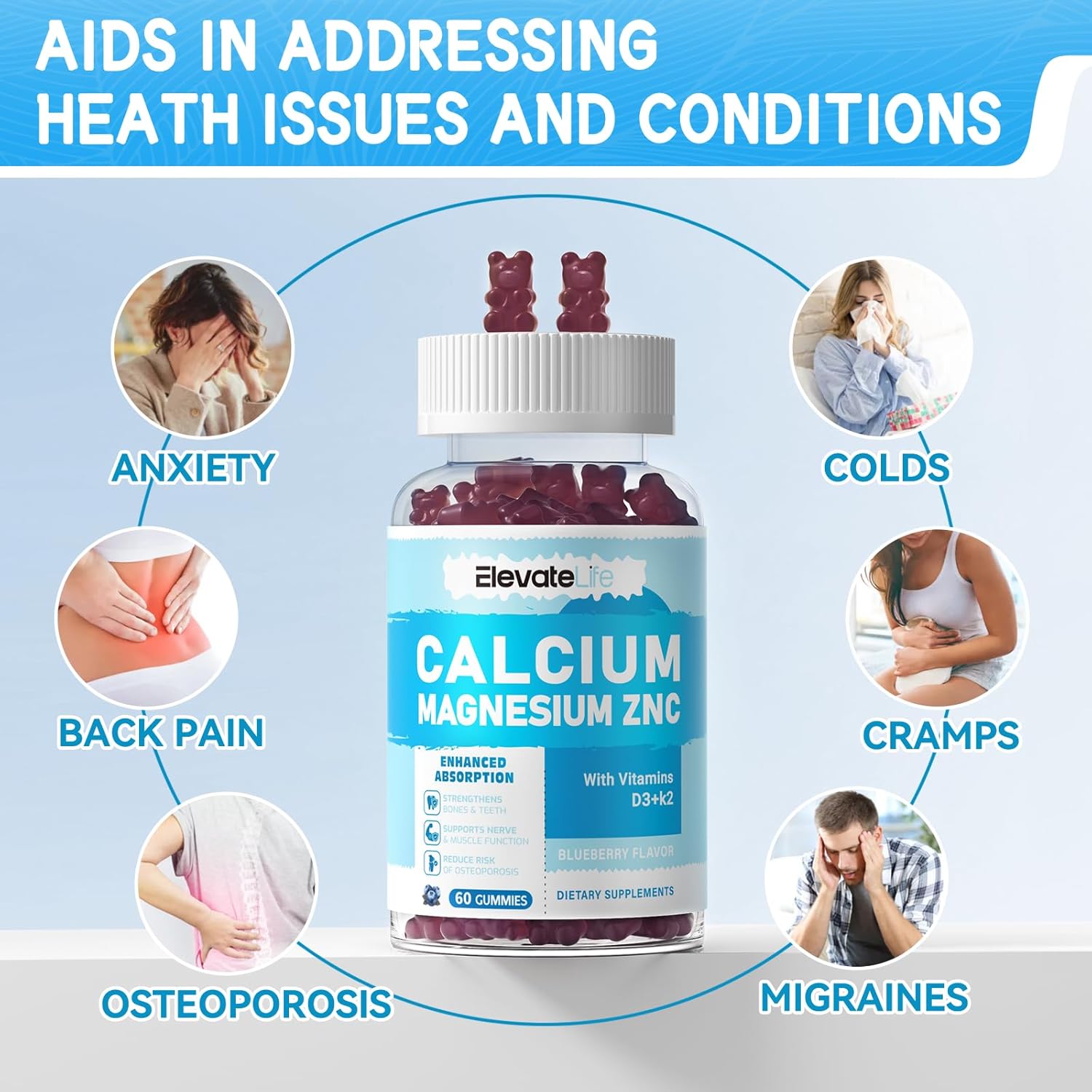 High Potency Calcium Magnesium Zinc Gummies with Vitamin D3 & K2 for Enhanced Absorption - Blueberry Flavored - 60 Gummies