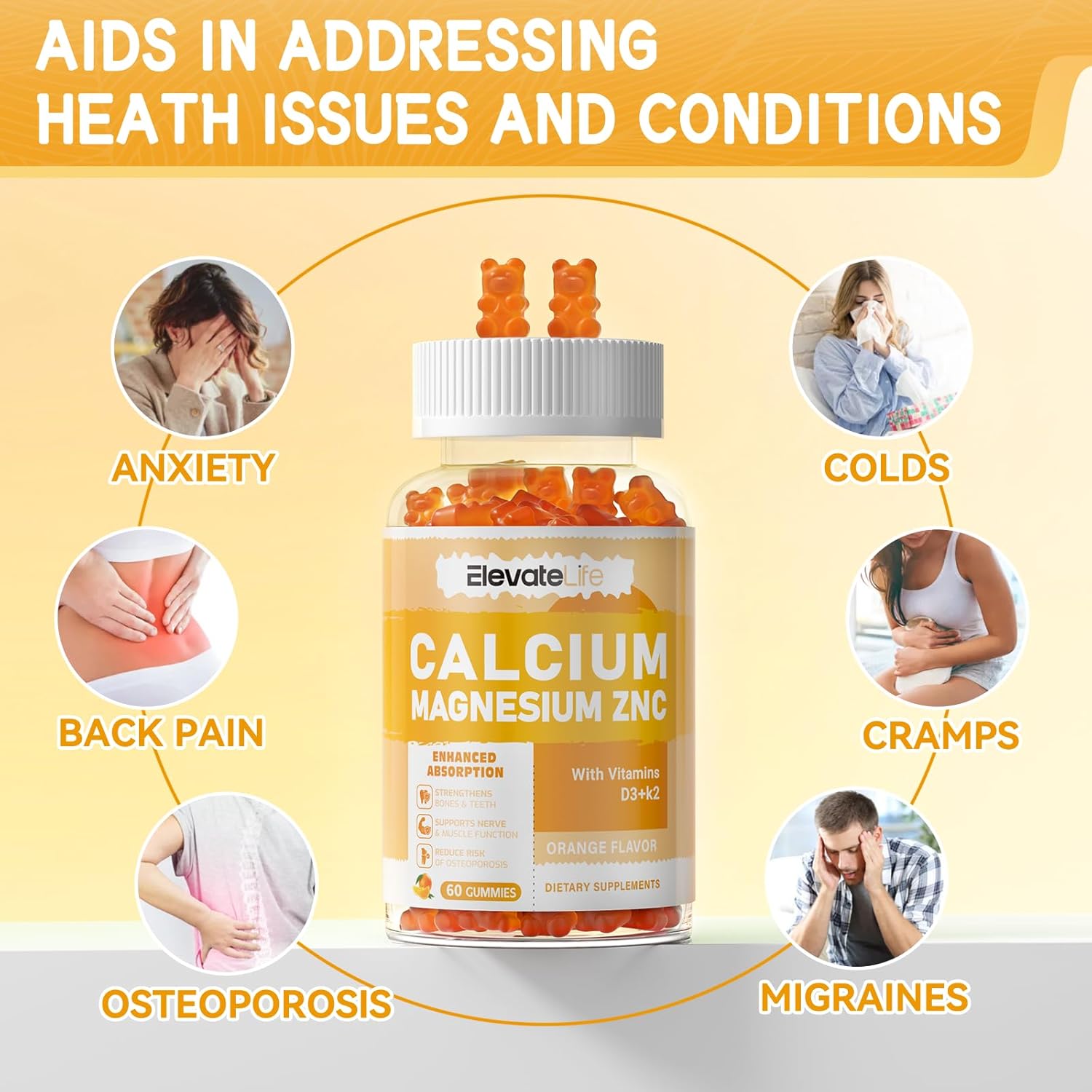 High Potency Calcium Magnesium Zinc Gummies with Vitamin D3 & K2 for Enhanced Absorption - 60 Orange Flavored Gummies for Elevating Life
