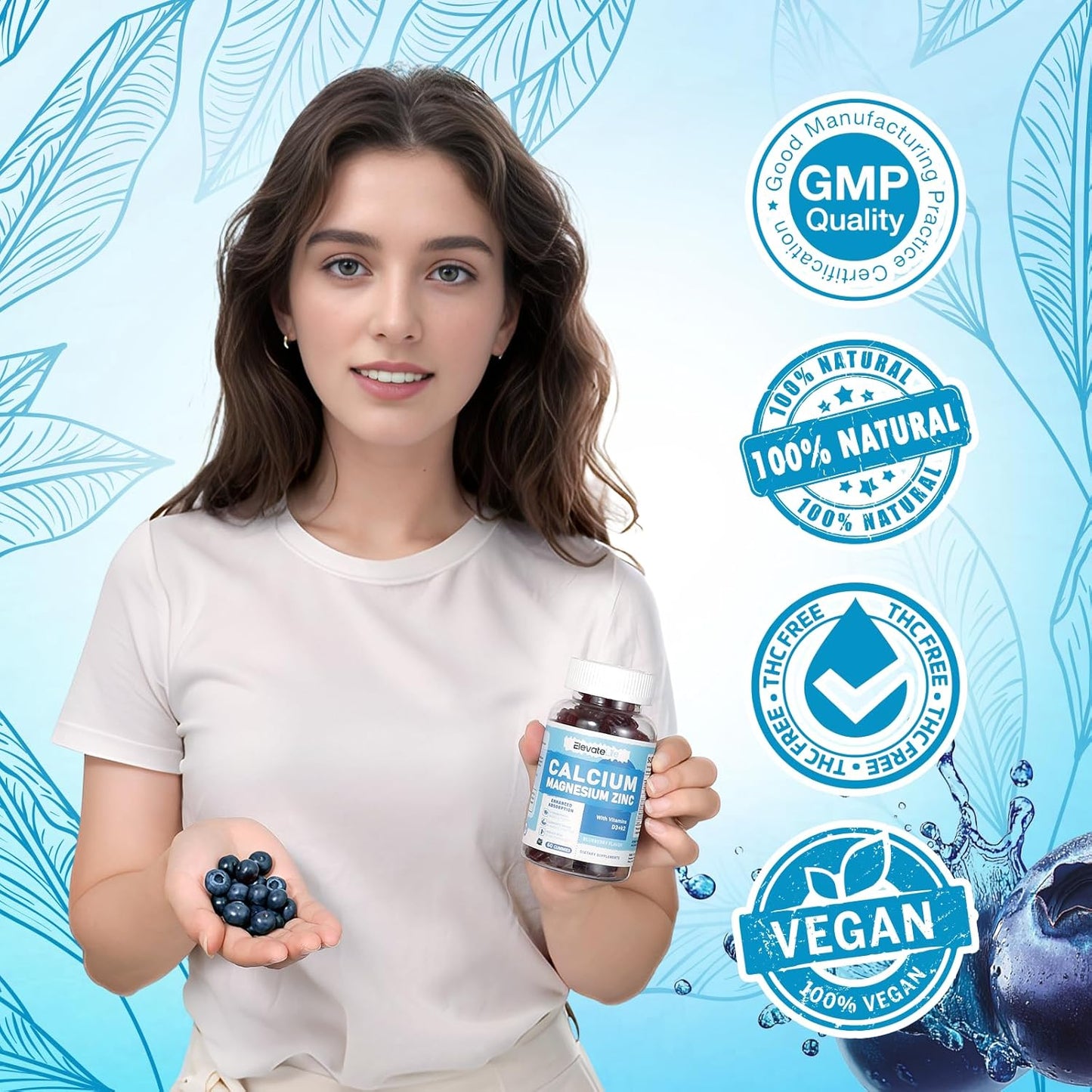 High Potency Calcium Magnesium Zinc Gummies with Vitamin D3 & K2 for Enhanced Absorption - Blueberry Flavored - 60 Gummies