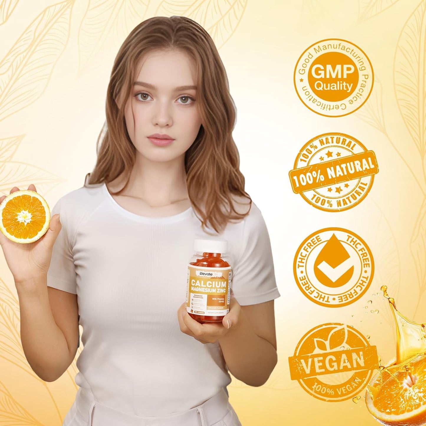 High Potency Calcium Magnesium Zinc Gummies with Vitamin D3 & K2 for Enhanced Absorption - 60 Orange Flavored Gummies for Elevating Life