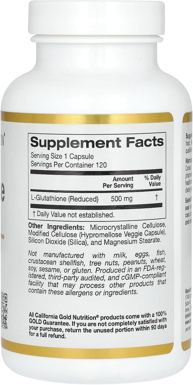 High Potency California Gold Nutrition L-Glutathione (Reduced) Capsules - 500mg, 120 Count