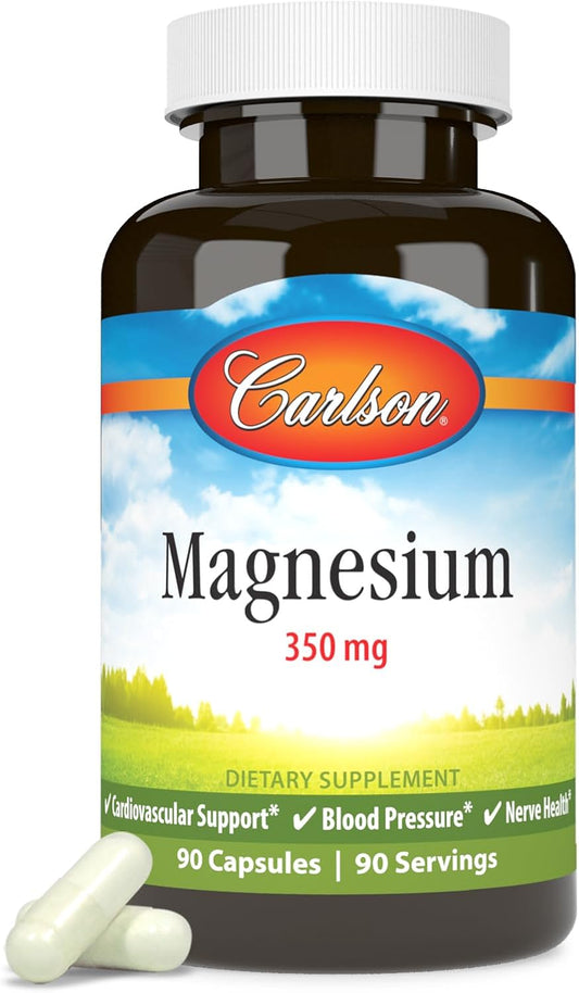 High Potency Carlson Magnesium Capsules for Muscle Function & Nerve Health - 90 Count