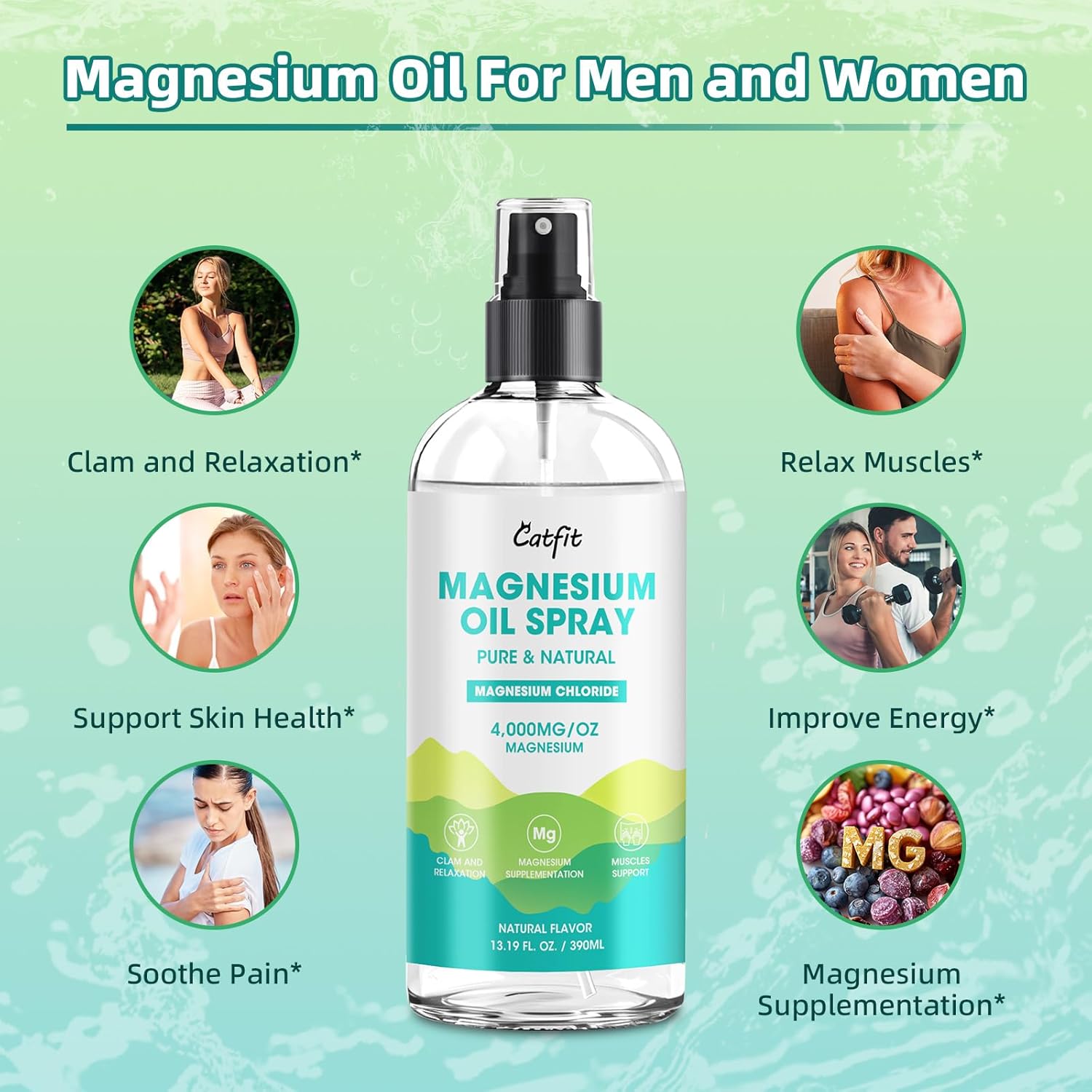 High Potency Catfit Magnesium Oil Spray for Feet and Sleep - Natural Magnesium Chloride with Trace Minerals - Soothes Muscles and Supports Mood - 390ml
