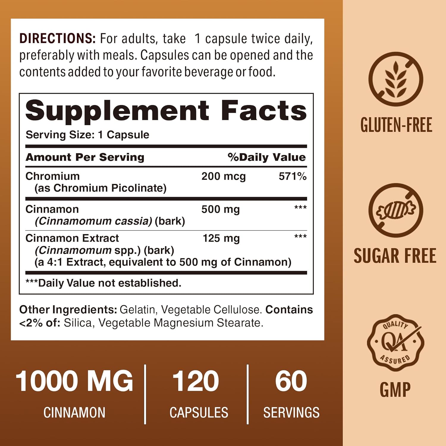 High-Potency Cinnamon Complex with Chromium Supplements, 1000 mg - 2 Month Supply - Antioxidant Protection & Healthy Metabolism - Gluten Free