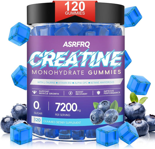 High Potency Creatine Monohydrate Gummies 120 CT - 7200mg per Serving, Chewable Muscle Support & Energy Boost, Sugar Free, Vegan Blueberry Flavor