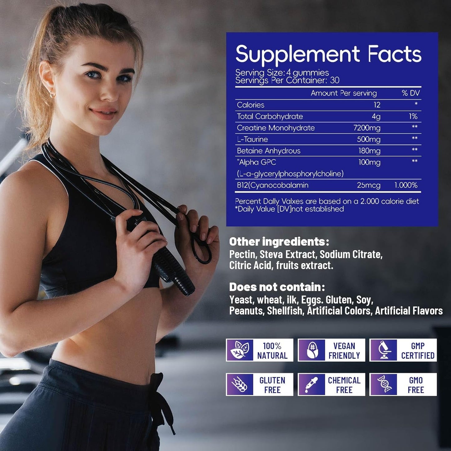 High Potency Creatine Monohydrate Gummies 120 CT - 7200mg per Serving, Chewable Muscle Support & Energy Boost, Sugar Free, Vegan Blueberry Flavor