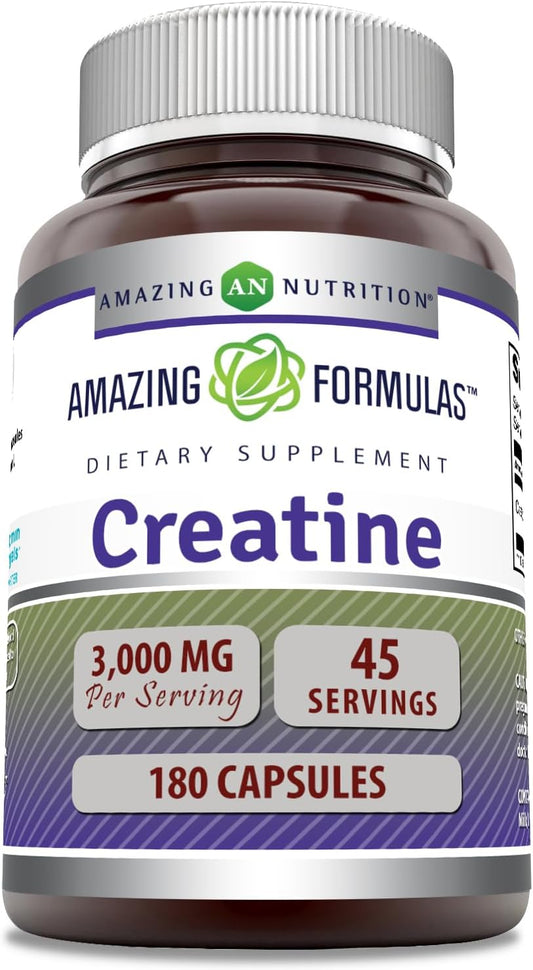 High Potency Creatine Monohydrate Supplement - 3000mg per Serving - 180 Capsules - Non-GMO - Gluten-Free - Made in USA