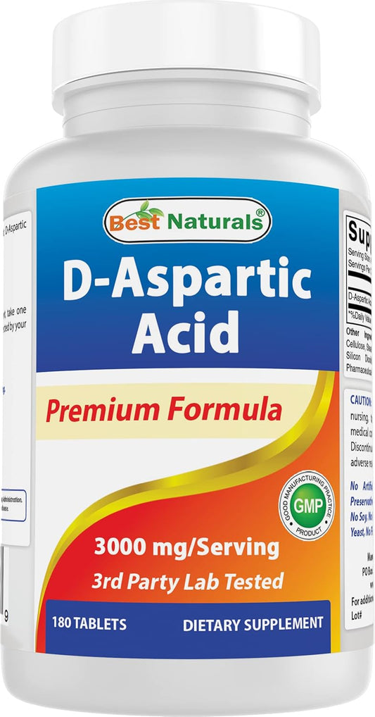 High Potency D-Aspartic Acid (DAA) Supplement - 3000mg/Serving - Non-GMO & Gluten Free - 180 Tablets
