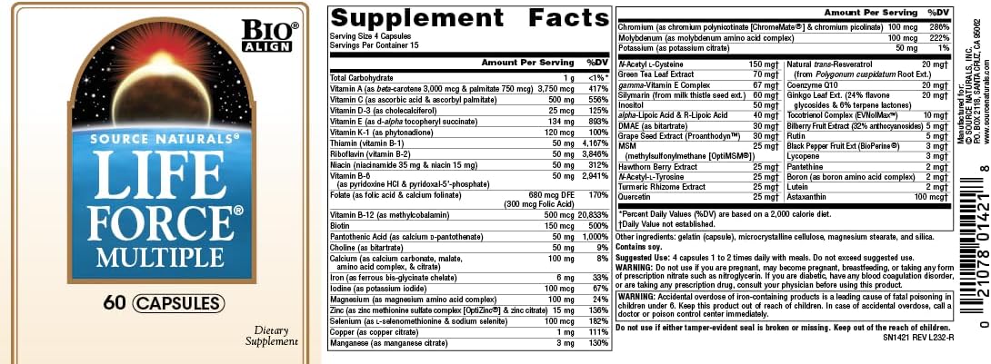 High Potency Daily Multivitamin with Essential Nutrients for Energy & Immune Support - Source Naturals Life Force Multiple - 60 Capsules