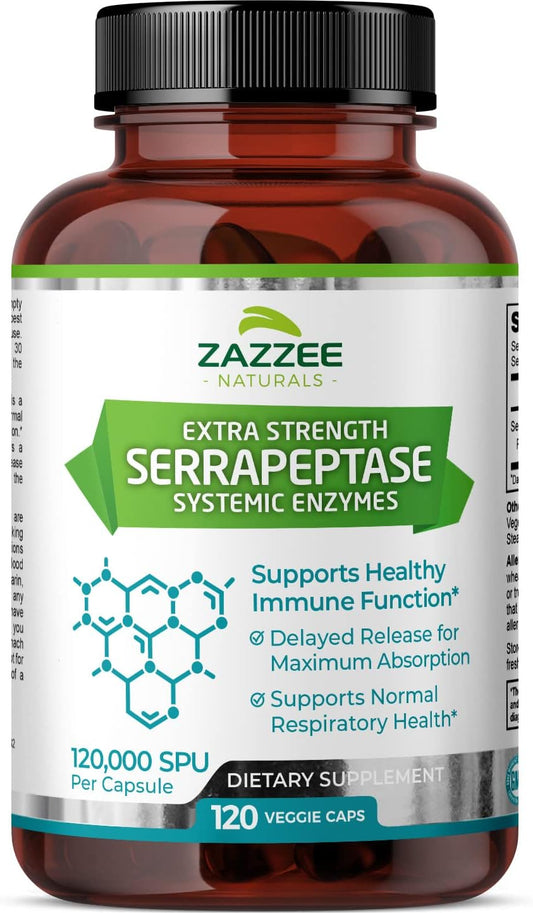High Potency Delayed Release Serrapeptase Capsules - 120,000 SPU, 120 Vegan Capsules, 4 Month Supply - Extra Strength Systemic Enzymes - Vegetarian and Non-GMO