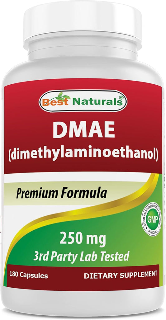 High Potency DMAE Supplement - 250mg, 180 Capsules - Natural Dimethylaminoethanol Bitartrate Formula