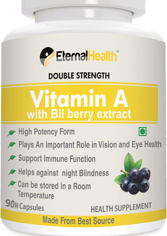 High Potency Double Strength Vitamin A Capsules with Bilberry & Retinyl Palmitate Extracts for Vision & Immune Support - 90 Veg Caps