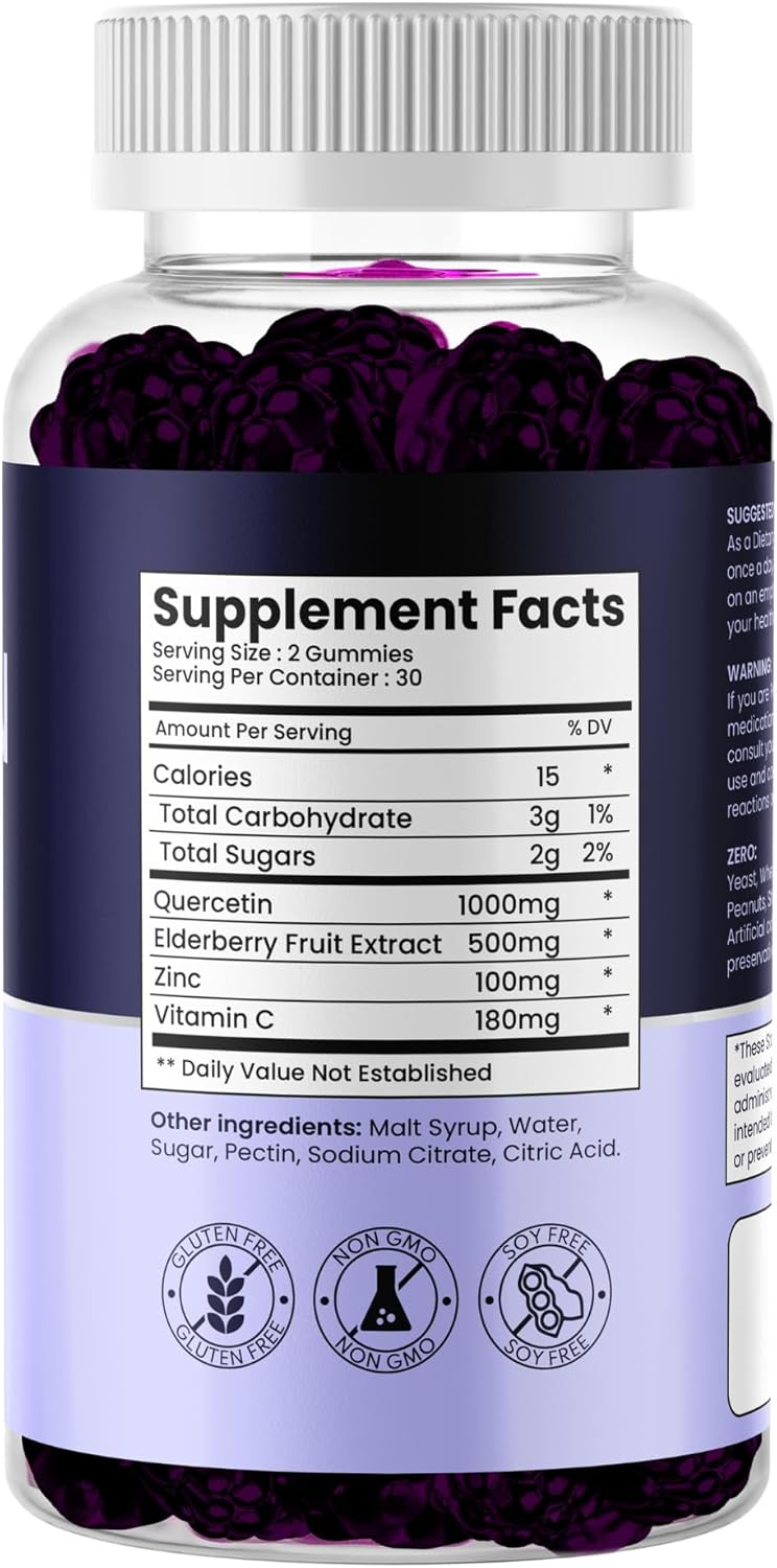 High-Potency Earth Bare Quercetin Gummies with Vitamin C, Zinc, Elderberry for Adults and Kids | Immune Support for Boosted Wellness | 30 Day Supply