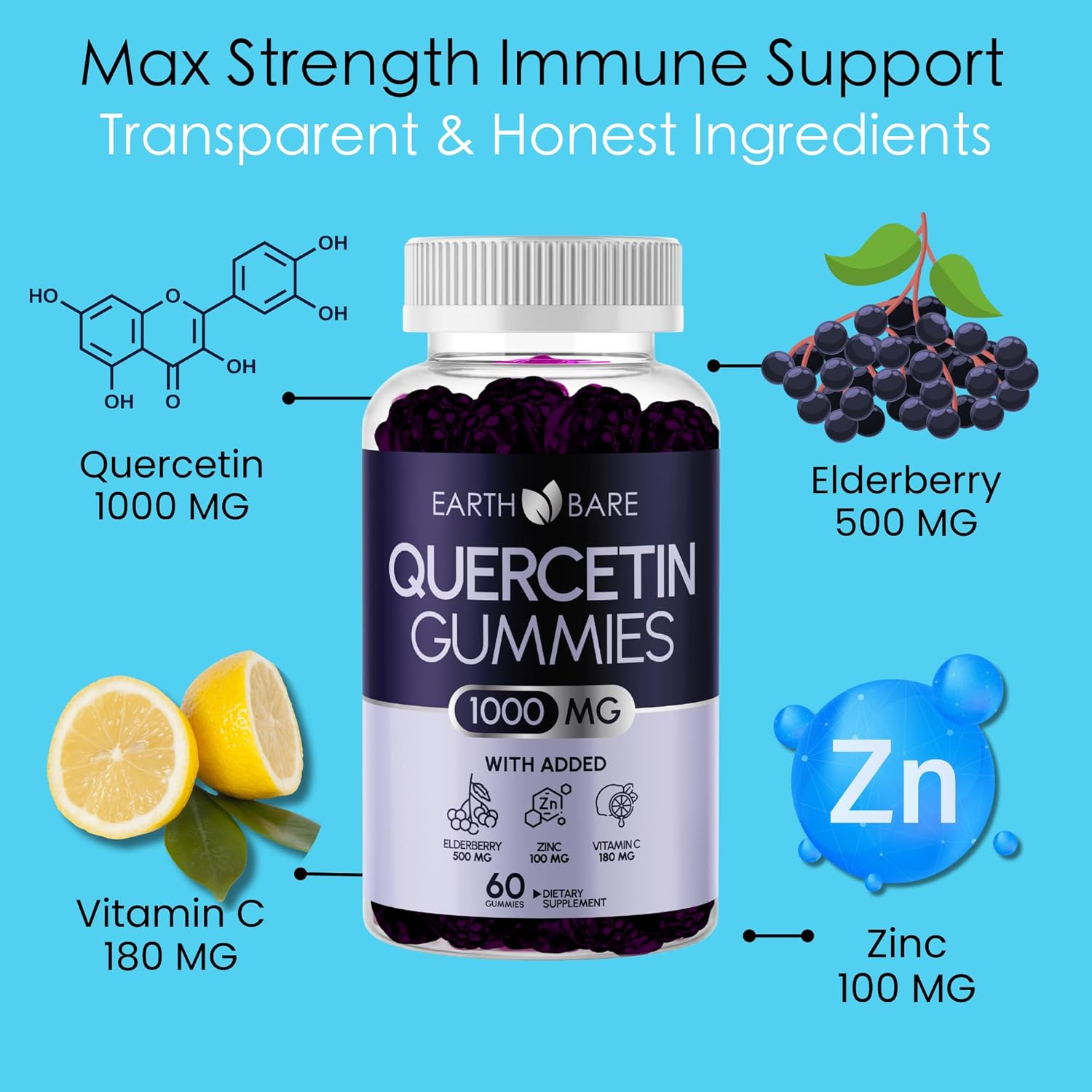 High-Potency Earth Bare Quercetin Gummies with Vitamin C, Zinc, Elderberry for Adults and Kids | Immune Support for Boosted Wellness | 30 Day Supply