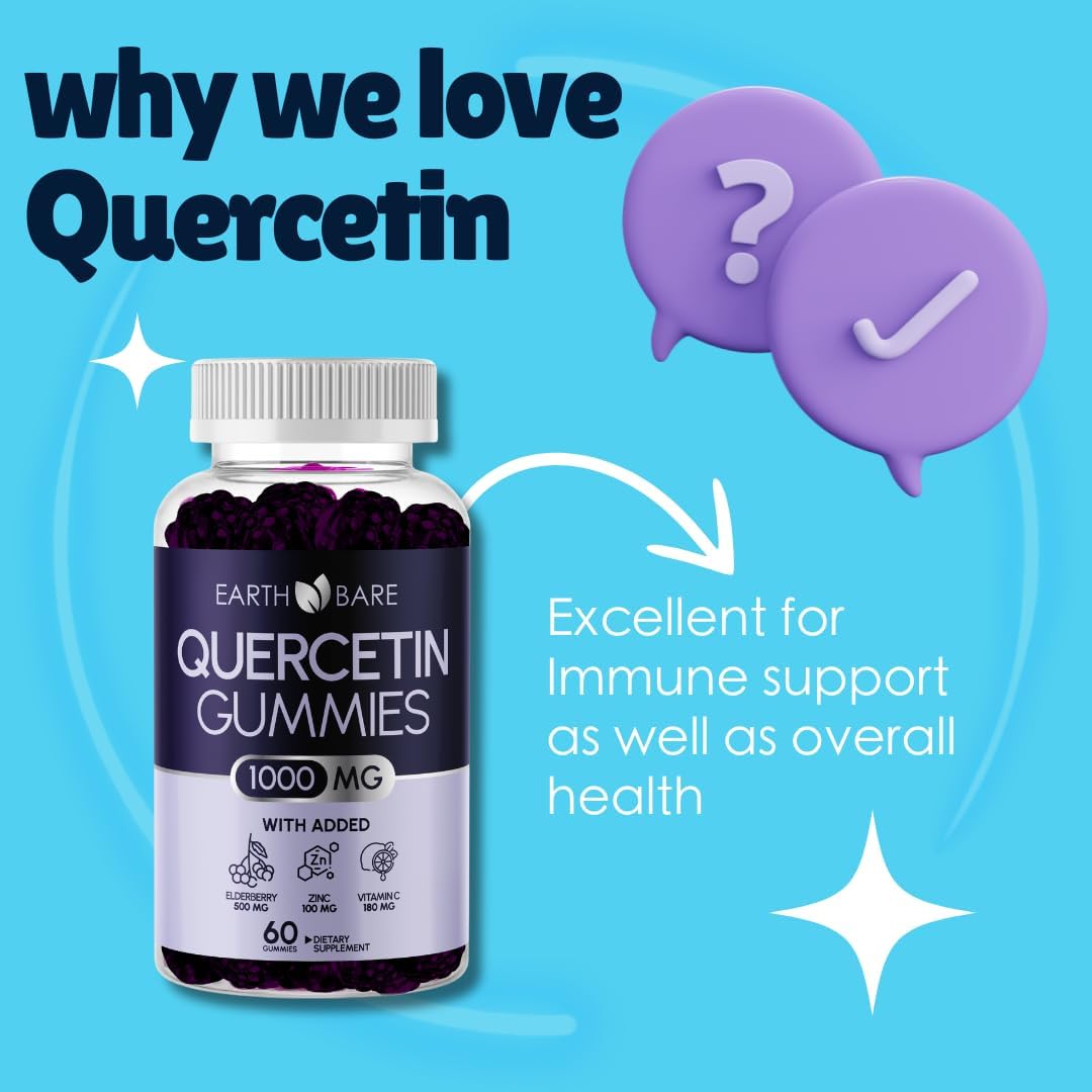 High-Potency Earth Bare Quercetin Gummies with Vitamin C, Zinc, Elderberry for Adults and Kids | Immune Support for Boosted Wellness | 30 Day Supply