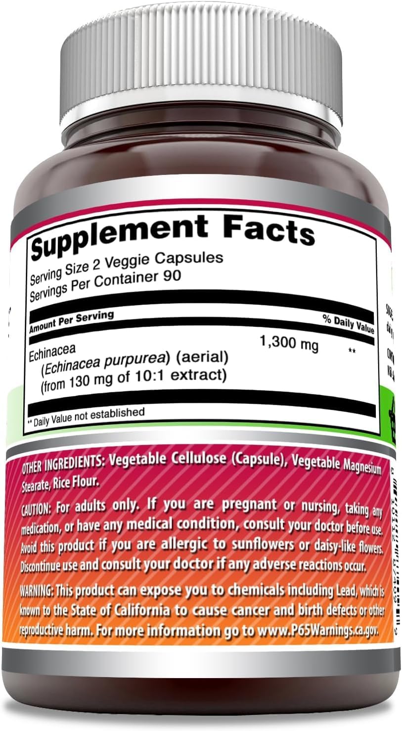 High Potency Echinacea Veggie Capsules | 1300mg | Non-GMO & Gluten Free | Made in USA | 3 Pack - 180 Count