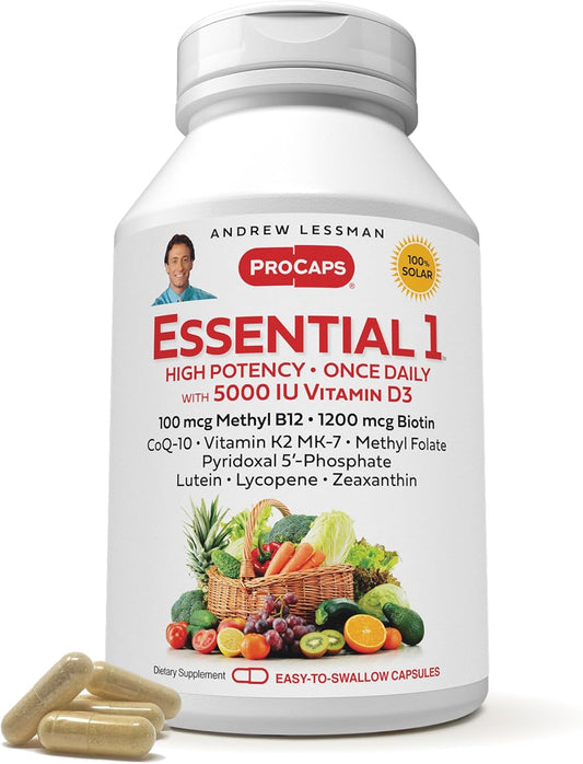 High Potency Essential-1 Multivitamin with 5000 IU Vitamin D3, 60 Small Capsules - Includes 100 mcg Methyl B12, CoQ10, Lutein, Lycopene, Zeaxanthin. No Additives, Ultra-Mild Formula. One Daily Capsule.