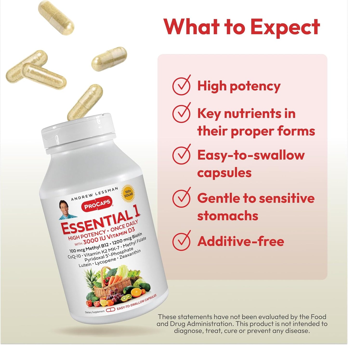 High Potency Essential-1 Multivitamin with Vitamin D3, B12, CoQ10, Lutein, Lycopene, and Zeaxanthin. Small Capsules, No Additives, Ultra-Mild Formula.