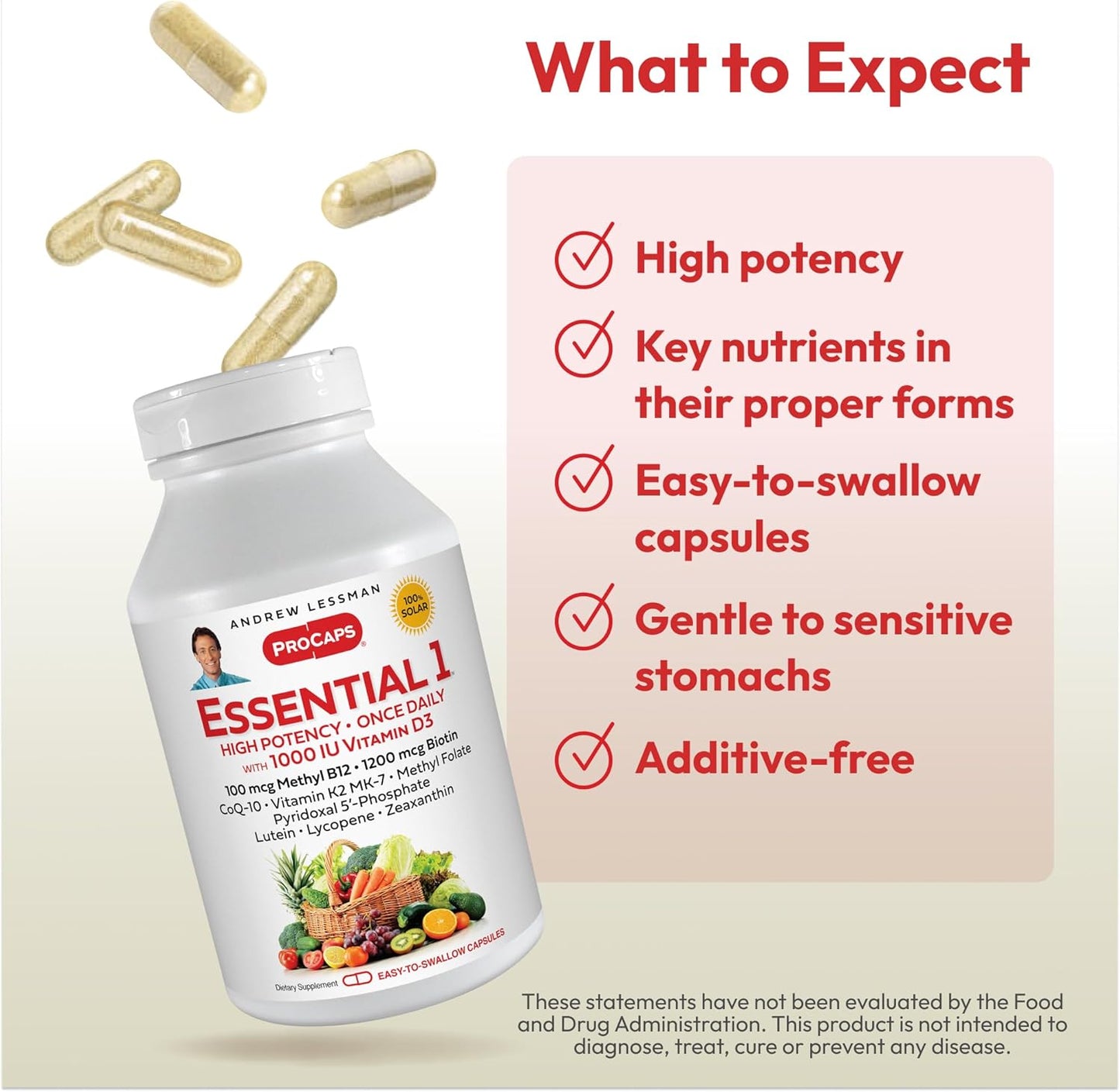 High Potency Essential-1 Multivitamin with Vitamin D3, Methyl B12, CoQ10, Lutein, Lycopene, and Zeaxanthin - 30 Small Capsules, No Additives, One Daily Capsule, Ultra-Mild Formula