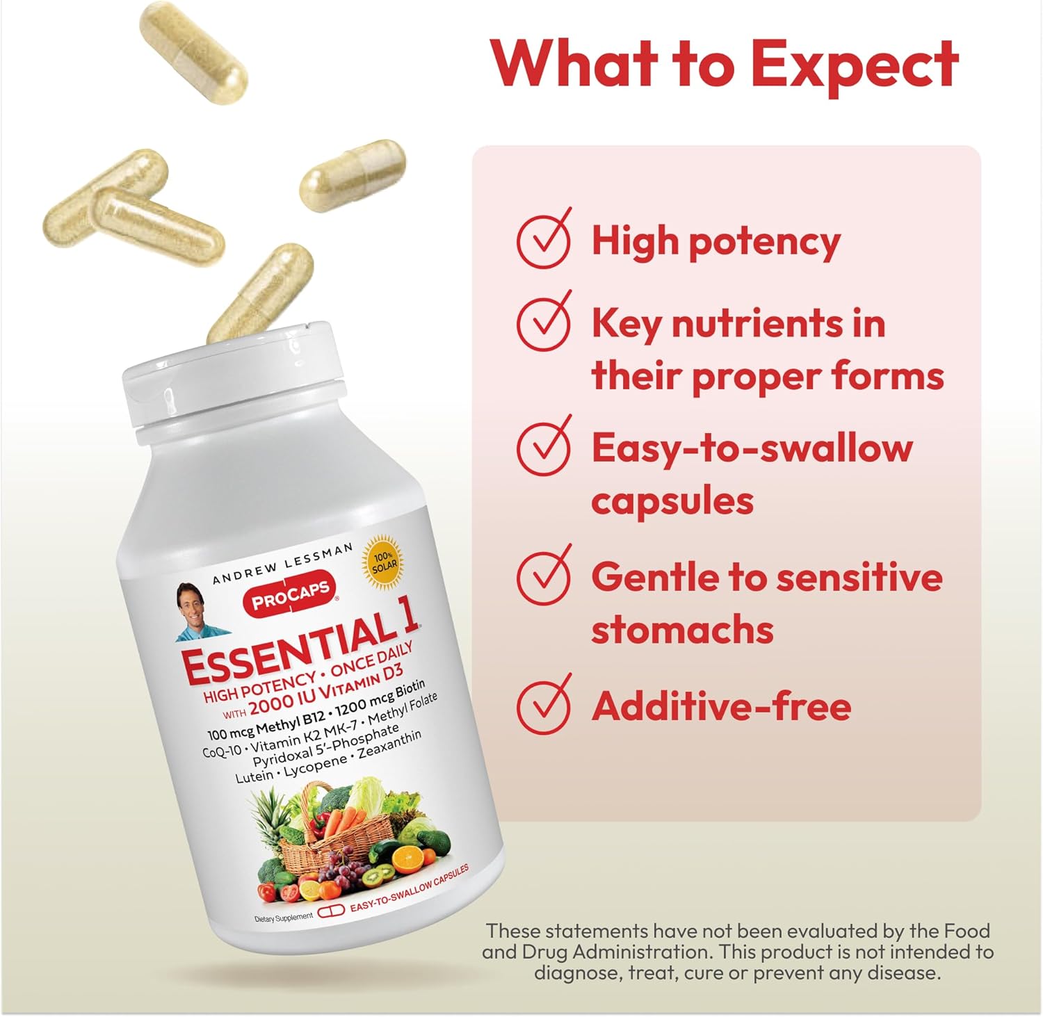 High Potency Essential-1 Multivitamin with Vitamin D3, Methyl B12, CoQ10, Lutein, Lycopene, and Zeaxanthin - 30 Small Capsules, No Additives