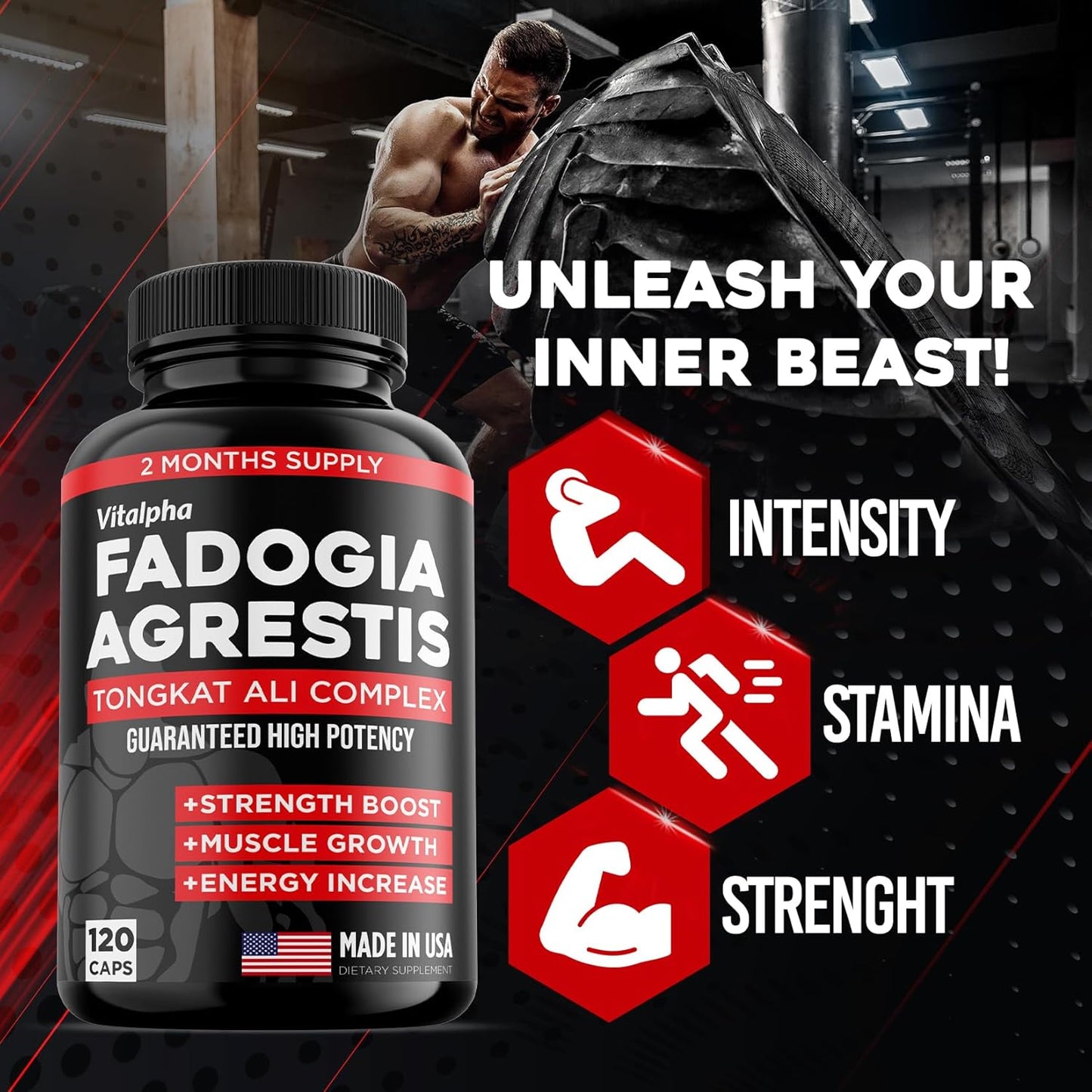 High Potency Fadogia Agrestis Tongkat Ali Blend for Athletic Performance & Muscle Mass - 86,000mg Ultra Concentrated Formula - 120 Capsules