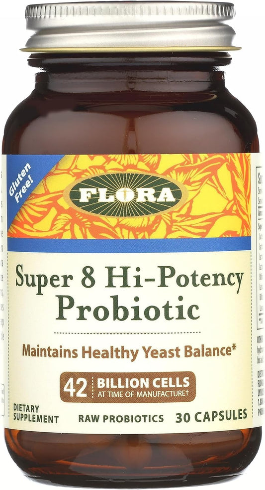High Potency Flora Super 8 Probiotics - 30 Count for Digestive Health - 42 Billion CFU, Raw, Gluten Free - Men & Women - 1 Month Supply