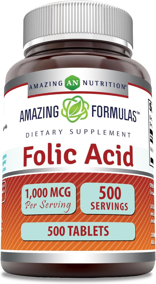 High Potency Folic Acid 1000mcg Tablets - Vitamin B9 Supplement (500 Count) | Non-GMO, Gluten Free - Made in USA by Amazing Nutrition