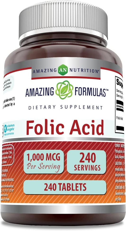 High Potency Folic Acid 1000mcg Tablets | Vitamin B9 Supplement | Non-GMO, Gluten Free | 240 Count | Made in USA by Amazing Nutrition