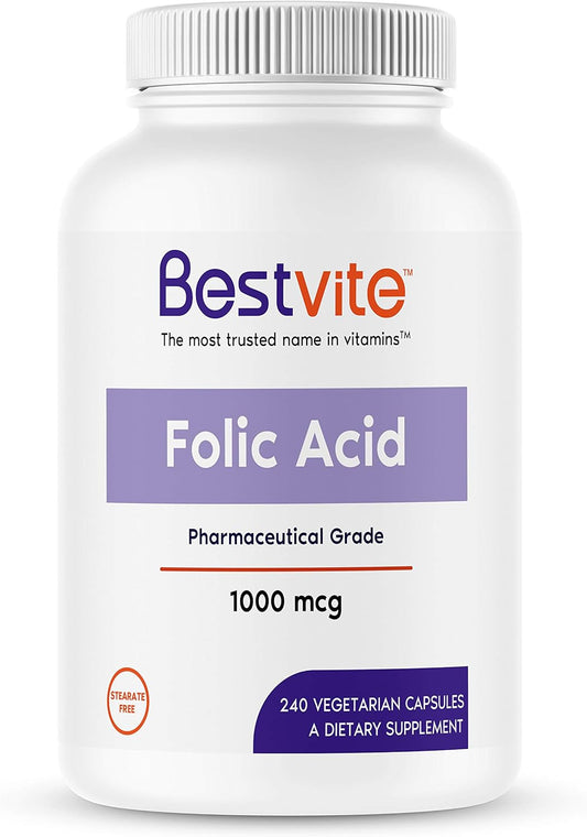 High Potency Folic Acid 1000mcg (Vitamin B9) Capsules - 240 Vegetarian Capsules, Non-GMO & Gluten Free - No Fillers